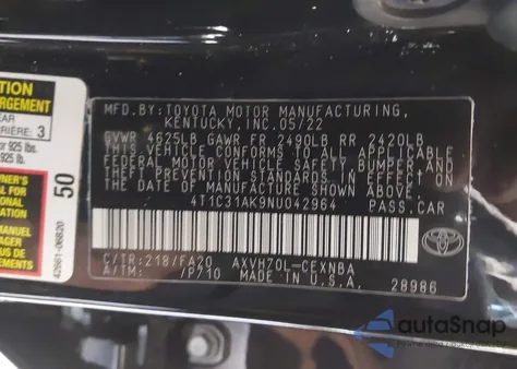 2022 Toyota Camry Le Hybrid z USA, uszkodzony, nr VIN 4T1C31AK9NU042964